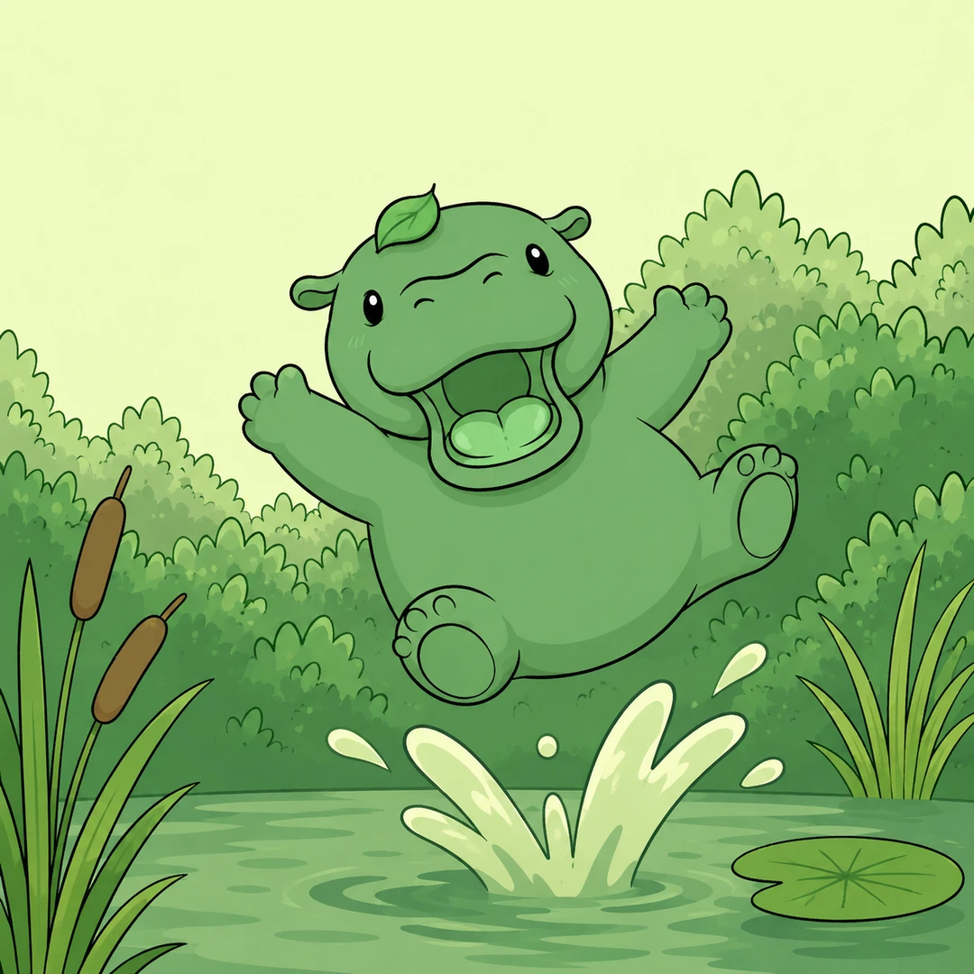 Moo splashing into the pond